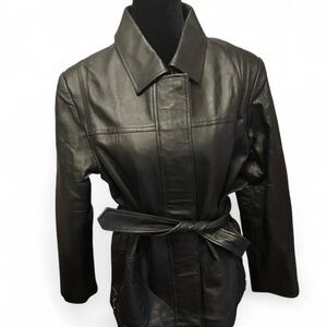 Elegant Black Leather Belted Jacket